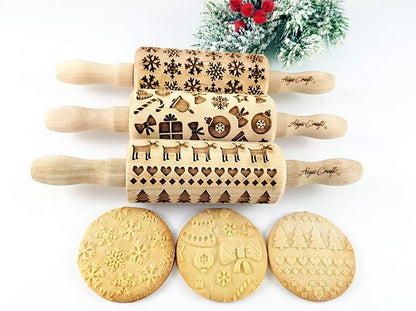 CHRISTMAS 3 Mini Embossed Rolling Pin Set Wooden Laser Engraved Textured rolling pins with Snowflakes, Elks, Christmas Trees and Gifts for Cookies by Algis Crafts
