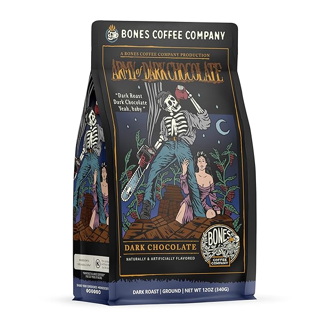 Bones Coffee Company Decaf Army of the Dark Chocolate Decaffeinated Flavored Coffee, Medium Roast Low Acid Arabica Beans Compatible with Auto drip and French Press Coffee Maker, 12 Oz Ground