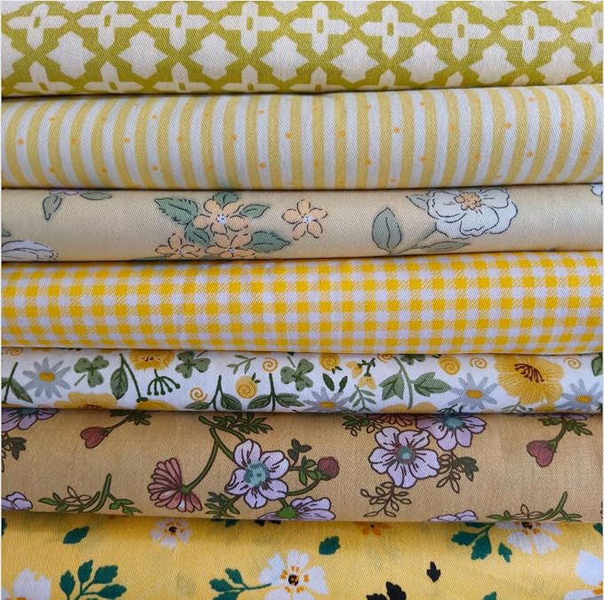 7PCS 9.8" x 9.8"(25 * 25CM) Quilting Fat Quarters Fabric Bundles, for Sewing Crafting,Print Floral Striped Polka Dot 100% Cotton Gingham Fabric (Yellow Flowers, 25 * 25cm)