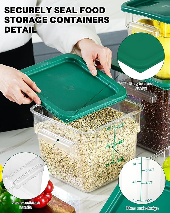 6QT NSF Food Storage Containers: 6PCS [Food Grade][Hot&Cold Resistant] Commercial Clear Food Storage Containers with Lids for Restaurant Kitchen Proof Dough, Measuring Spoons Included(GREEN)