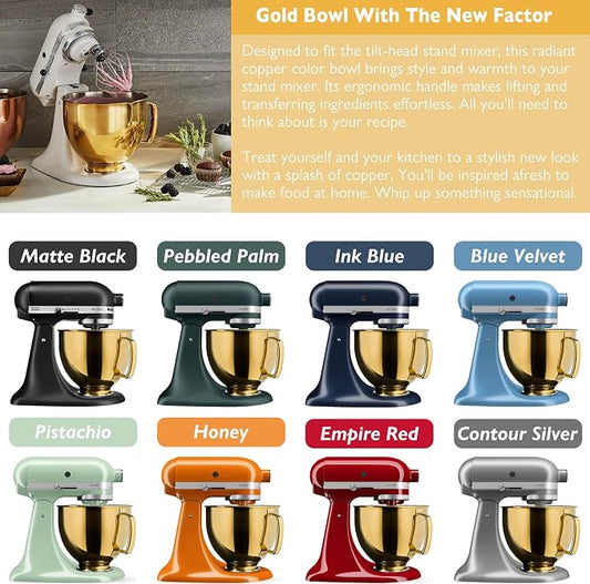 5 Quart Metallic Finish Stainless Steel Mixer Bowl for KitchenAid Classic&Artisan Series 4.5-5 QT Tilt-Head Mixer, Copper Color, Silicone Scraper, Dishwasher Safe, Fit K45SS KSM75 KSM90 KSM150