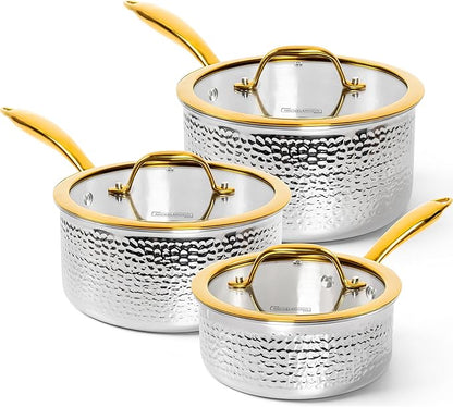 Michelangelo Triply Stainless Steel Saucepan Set, Luxury Hammered Stainless Steel Sauce Pans with Golden Handle, Premium Sauce Pot Set, Induction Compatible