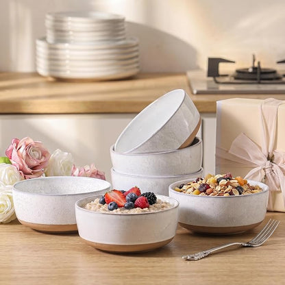HASENSE Ceramic Cereal Bowls Set of 6, Bluish White Bowls Microwave Safe and Dishwasher Safe for Kitchen, 30 OZ Bowls for Soup, Salad and Oatmeal, 6 Inch Porcelain Dinner Bowls with Two-Tone Color