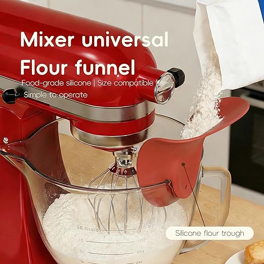 Flour Funnel for Kitchen Aid Mixer | Food-Grade Silicone Pouring Shield for KitchenAid Mixer | Hands-Free Clip-On Accessory for Baking, Fits All Standmixers, Space-Saving Design（RED