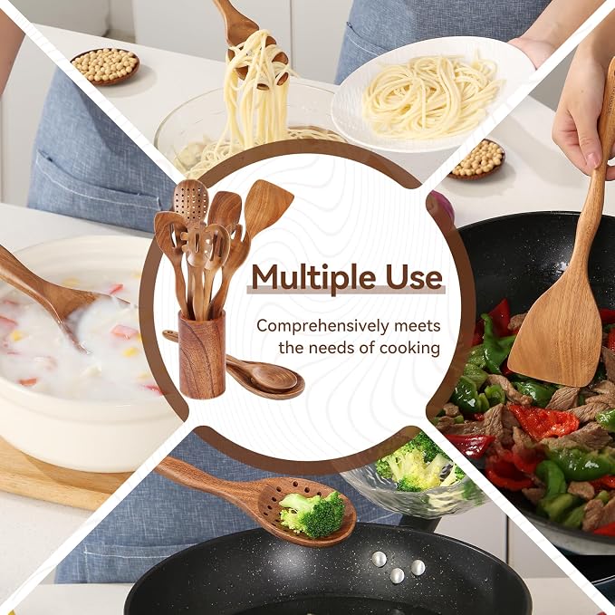Kitchen 10PCS Teak Wooden Utensil Set with Holder and Spoon Rest | Non-stick, Easy to Clean, Durable, Smooth with Comfort Grip Wooden Spoons for Cooking - Non Toxic Wooden Cooking Utensil