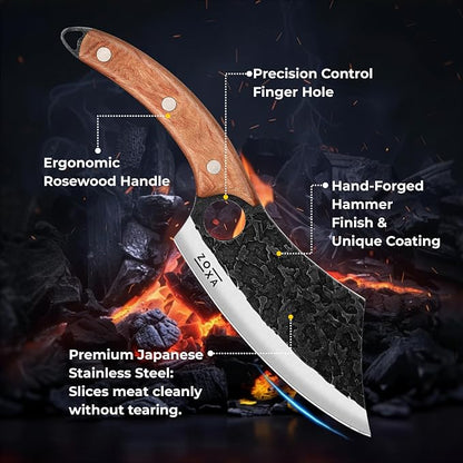 Hakai Chef Cleaver Knife – Full Tang High Carbon Stainless Steel Butcher Knife with Ergonomic Rosewood Handle & Leather Sheath – Sharp Meat Cutting Knife for Kitchen, Camping & BBQ