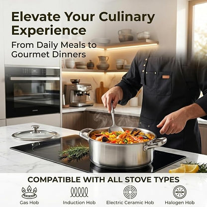Stainless Steel Cookware Set, 16-Piece Pots and Pans Set Non Toxic, Kitchen Induction Cookware with Glass Lids, Steamer, Utensil Sets, Pot Protectors & Apron, Oven & Dishwasher Safe, Silver