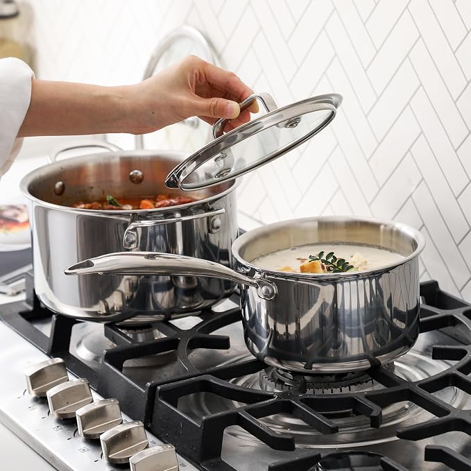 Cooking pots including glass lids, frying pan, set of 3 pots/pan, Ø16cm, Ø20cm, Ø26cm, dishwasher-safe, pots for induction, fully lined 3-ply stainless steel
