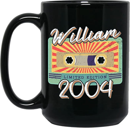 Personalized Vintage Cassette Tape Vintage 2004 Mug, Custom Your Name, 2004 Retro Coffee Mug, 18th Birthday Present Gifts, 2004 Birthday Gift For Friends Family, Customizable Black Tea Cups