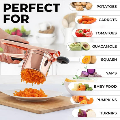Zulay Kitchen Premium Large 15oz Potato Ricer, Heavy Duty Professional Stainless Steel Potato Masher and Ricer Kitchen Tool, Press and Mash Kitchen Gadget - Rose Gold Fixed Disc