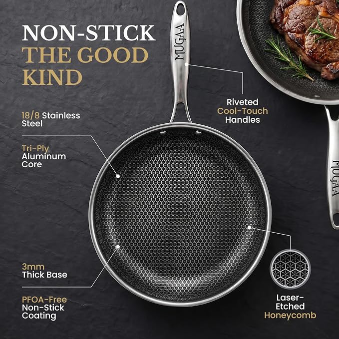 Honeycomb Stainless Steel Nonstick Frying Pan Set - with Lids and Spatula - 8 10 12 Inch Hybrid Pan - Induction Compatible - PFOA-Free - Oven Safe - Dishwasher Safe Skillet