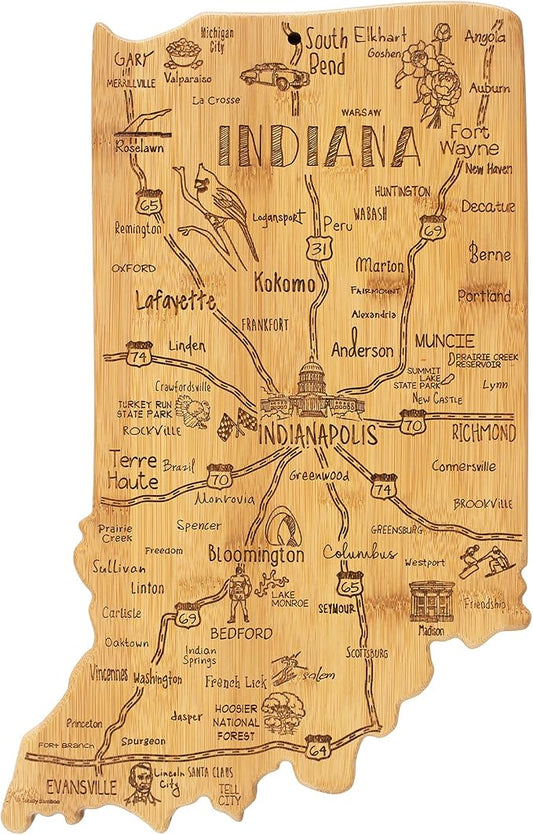 Totally Bamboo Destination Indiana Shaped Cutting Board – Bamboo Charcuterie and Serving Board with Hang Tie for Wall Display