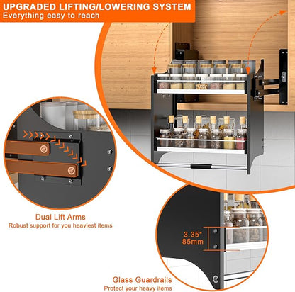 Pull Down Shelf,2-Tier Organizer for Upper Cabinets - Fits 22-24 Inch Wide Upper Cabinets, Heavy Duty Chrome Steel, Space Saving Storage Solution,black