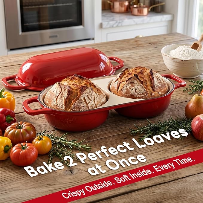Double Dutch Oven Bread Baker, Cast Iron Sourdough Baking Pan with Lid, Dual Loaf Artisan Bread Cooker, Small Dutch Oven for Bread Baking for Home Kitchen, Professional 500°F Heat Resistant Red Enamel