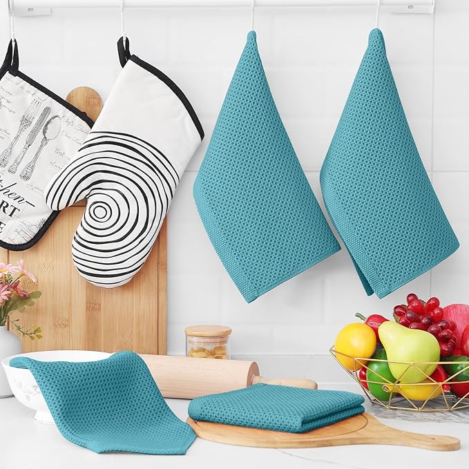 Homaxy 100% Cotton Waffle Weave Kitchen Dish Cloths, Ultra Soft Absorbent Quick Drying Dish Towels, 12 x 12 Inches, 24-Pack, Lake Blue