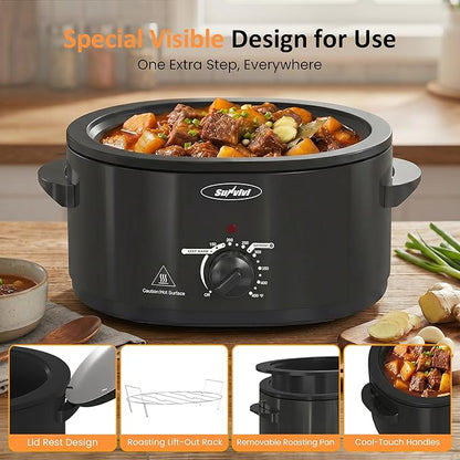 Sunvivi Electric Roaster Oven for Small Families, 8QT Portable Roaster with Self-Basting Lid Defrost & Keep Warm, Adjustable Temp 150°F-450°F for Baking, Slow Cooking, Buffet Serving & RV Camping