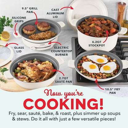 Dash Stacks 16-Piece Ceramic Nonstick Cookware Set with Electric Burner, Pots and Pans Set, Stackable Nesting Kitchen Pots and Pans, Small Kitchen, Oven Safe, Cream