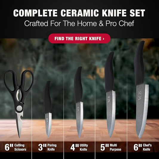 Vos ceramic knives set for kitchen in gift box, 5 ceramic knife with cover with scissors, 3" 4" 5" 6" ultra sharp knives for home cooks, lightweight, rust-free, dishwasher safe (Black handle)