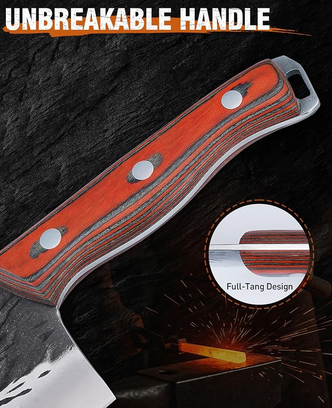 Naitesen 3PCS Hand Forged Butcher Knife Set - Very Sharp Serbian Chef Knife, Cleaver and Boning Knife for Meat Cutting Kitchen, Camping & BBQ - Full Tang Wood Handle with Gift Box