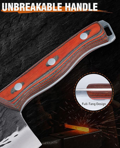 Naitesen 3PCS Hand Forged Butcher Knife Set - Very Sharp Serbian Chef Knife, Cleaver and Boning Knife for Meat Cutting Kitchen, Camping & BBQ - Full Tang Wood Handle with Gift Box