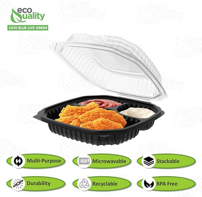 EcoQuality 9x9x3 Inch 3 Compartment Black Hinged Takeout Containers with Clear Lids Food Storage Clamshell for Meal Prep, Restaurant, Catering, and Takeout Packaging (100)