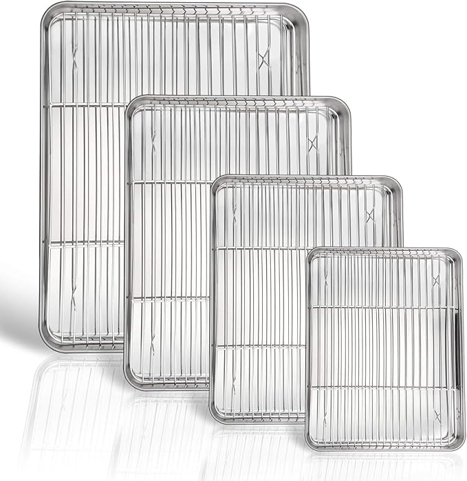 P&P CHEF 16 + 12.5 + 10.4 + 9 Inch Baking Sheet and Rack Set, 8Pcs Stainless Steel Cookie Sheets Oven Baking Pans Trays with Cooling Racks for Cooking, Oven & Dishwasher Safe, Pans with Wire Racks