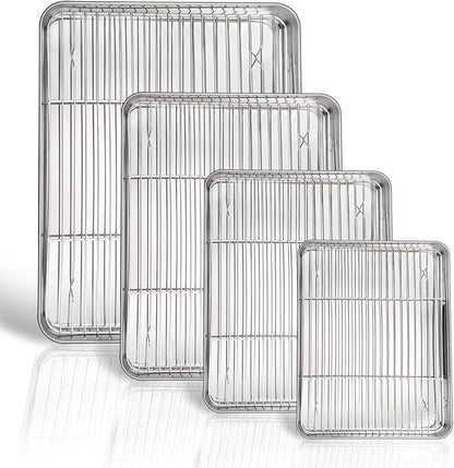 P&P CHEF 16 + 12.5 + 10.4 + 9 Inch Baking Sheet and Rack Set, 8Pcs Stainless Steel Cookie Sheets Oven Baking Pans Trays with Cooling Racks for Cooking, Oven & Dishwasher Safe, Pans with Wire Racks
