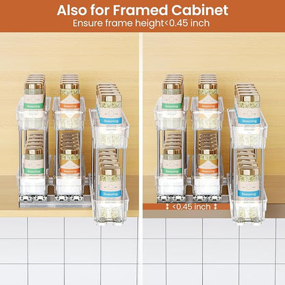Mystozer Pull Out Spice Rack Organizer for Cabinet, Slide Out Spice Racks Organizer, Easy to Install Spice Cabinet Organizers, 2.3''Wx10.66''Dx8.11''H, 3 Packs - 2 Tiers (Clear)