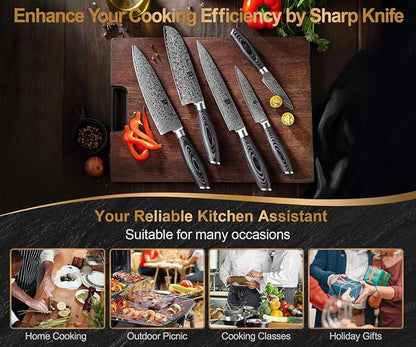 XINZUO 5-Piece Kitchen Knife,Super Sharp Damascus Steel Professional Chef Knife Set with Pakkawood Handle, Gift Box