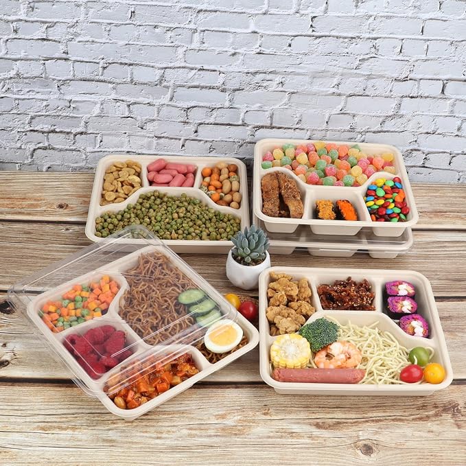 Sugarcane Fiber 37 oz 4 Compartments disposable plates with Lids Bagasse Plant Fibers Freezer Safe 25 Pack