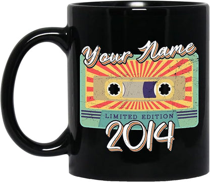 Personalized Vintage Cassette Tape Vintage 2014 Mug, Custom Your Name, 2014 Retro Coffee Mug, 8th Birthday Present Gifts, 2014 Birthday Gift For Friends Family, Customizable Black Tea Cups