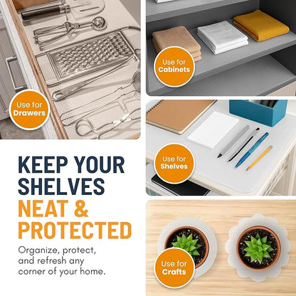 Refrigerator Liners for Shelves (8 Pack) by Linda’s Essentials - Non-Adhesive Drawer and Shelf Liner, BPA-Free Fridge Mats for Kitchen & Cabinets, Easy to Clean, Ideal Household Essentials (Clear)