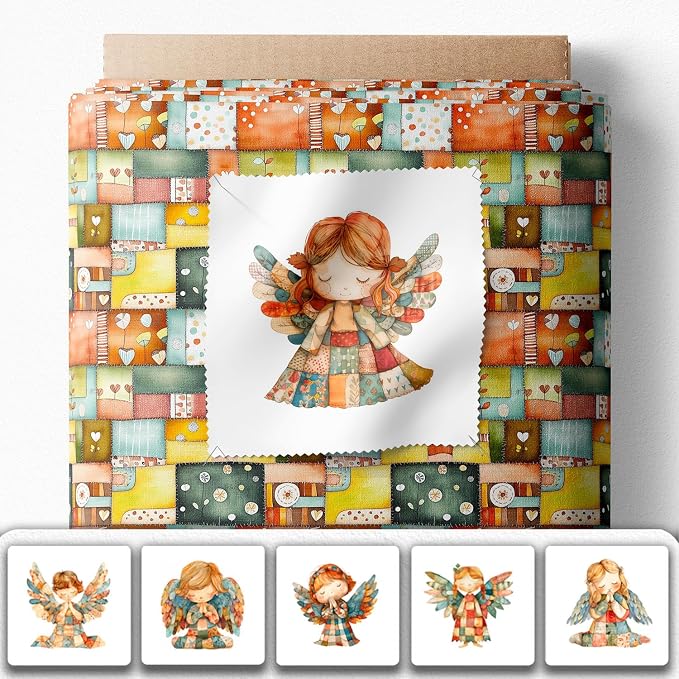 ‍ Patchwork Angel Cotton Fabric Panel – 6 Designs (10×10 inch Each) + Bonus Sheet 29.5×19.6 inch, 100% Cotton 140 GSM, Made in Türkiye