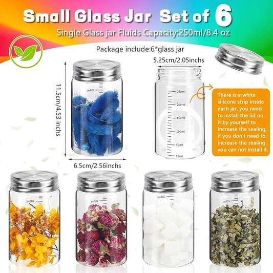 8 oz Small Glass Jars with Airtight Lid 6 pc Round Spice Jars Sugar Coffee Ground Container Storage Canister Bottle Jars for Juice Tea Pantry Yogurt Seasoning Overnight Oatmeal(6×250ml(8.4oz))