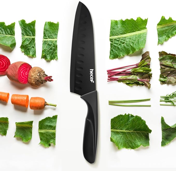 hecef Black Kitchen Knife Set of 3, Sharp Knives with Stainless Steel Blade, Lightweight Handle, Non-stick Coating Set Includes 7", 5", 3.5" Knives