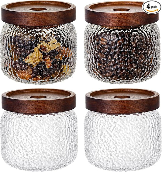 LemonRoad 4 Pack 10 oz Vintage Glass Jars with Lid Decorative Airtight Glass Food Containers Anti Slip Storage Canister for Kitchen Counter Pantry Coffee Nuts Sugar Candy Tea Cookie Spices Oats Cereal