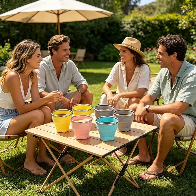 Collapsible Cup, 4Pack 8.8oz 260ml Foldable Travel Mini Coffee Mug, BPA Free Silicone Water Cup and Lid with Stainless Steel Rim, Portable Pocket Cup for Outdoor, Hiking, Camping & Kids