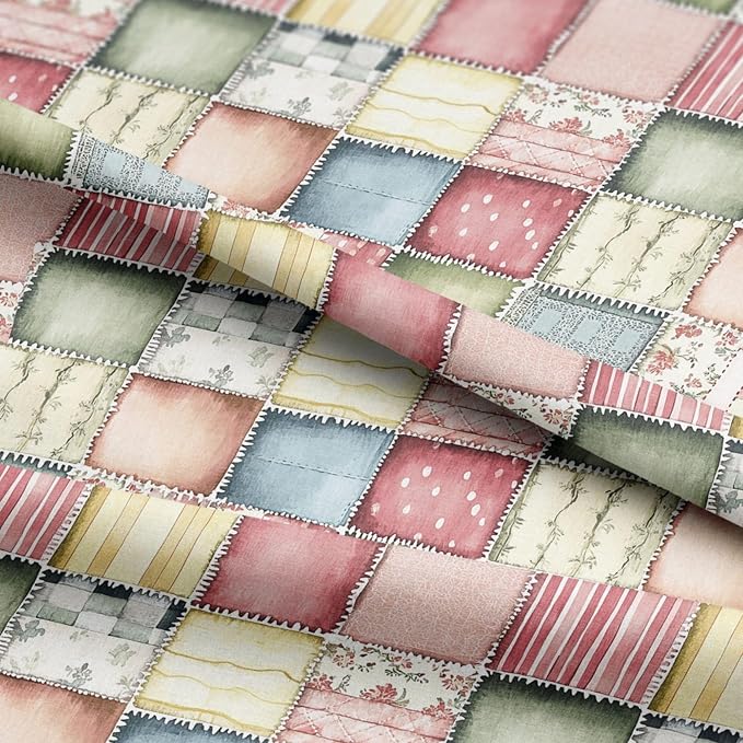 Soft Meadow Patchwork Cotton Fabric Panel, Pastel Floral & Stripe Design, 140 GSM, 61″ × 36.6″ (155 × 93 cm)