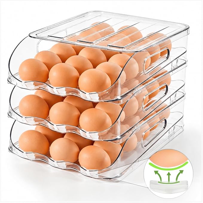 SMRCAD Egg Holder for Fridge, Automatic Steady Rolling Egg Dispenser with Silicone Bumpers & Handle for Refrigerator, Large Capacity Egg Organizer with Lid