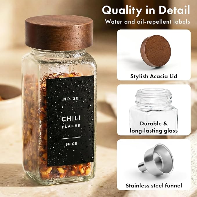 EDELHAUS Square Spice Jars with Acacia Wooden Lid (Pack of 36) Spice Jars with Shaker Insert and 240 White Labels - Acacia Lid Glass Container for Spice Organisation [4.3 in × 1.8 in]