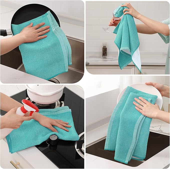 Mordimy Premium Kitchen Towels 8 Pack (18 x 28 Inches, Teal), Large Cotton Kitchen Hand Towel, Flat & Terry Dish Towels for Drying Dishes, Super Absorbent Tea Dishtowels Set with Hanging Loop