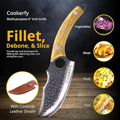 Chef Knife - Japanese Knife Style with Ergonomic Grip & Rosewood Handle, 6" High Carbon 5cr15 Steel Meat Cleaver, Genuine Leather Sheath, Kitchen Knives, Gift Packaging