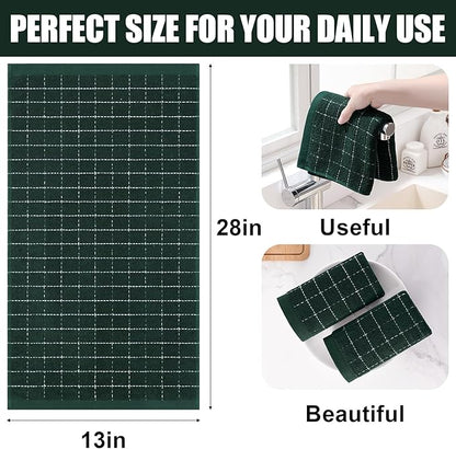 Homaxy 100% Cotton Terry Kitchen Towels(Blackish Green, 13 x 28 inches), Checkered Designed, Soft and Super Absorbent Dish Towels, 4 Pack
