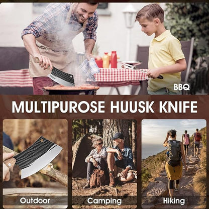 Huusk Butcher Knives for Meat Cutting, Hand Forged Meat Cleaver Knife Full Tang High Carbon Steel Chef Knives Heavy Duty Butcher Knife for Camping, BBQ, Gift for Men and Women