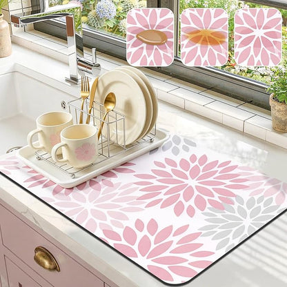 Findosom Floral Dish Drying Mat, 12" x 20" Super Absorbent & Hide Stain Coffee Mat, Cuttable Drying Mat for Kitchen Counter, Under Dish Rack, Coffee Maker, Espresso Machine, Pink