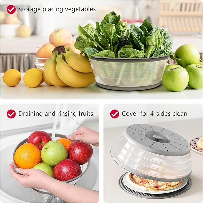 WVM Microwave Splatter Cover Vented for Food with Hook Hole, Splatter Guard & Colander Kitchen Gadget for Food, Meal Prep, Cover & Mat(Grey), M(11"x3.26")-Pack of 1