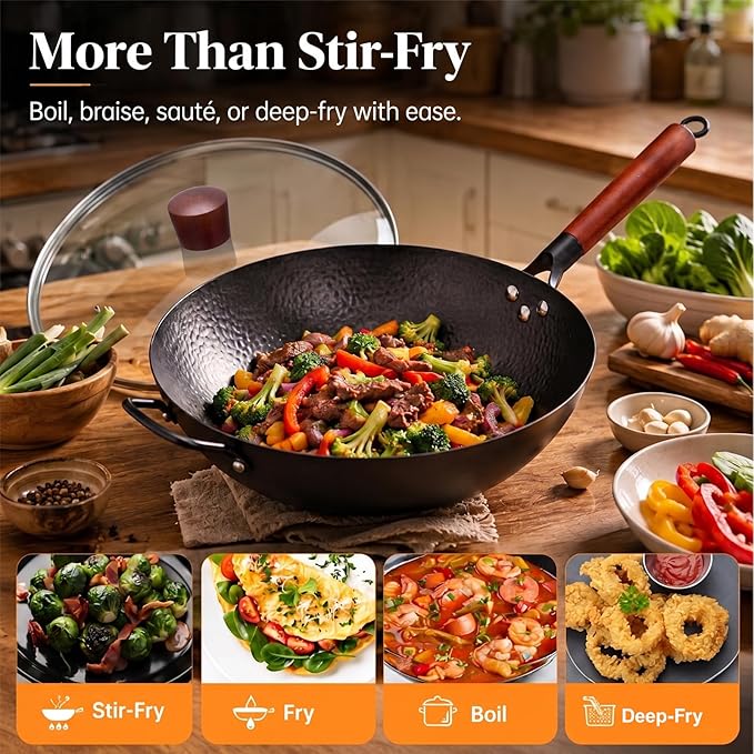 WANGYUANJI 13.4"(34cm) Carbon Steel Wok Pan with Lid,Large Flat Bottom Stir Fry Pan for Electric,Induction & Glass Top Stoves, High Stability No-Wobble Design, Lightweight Chinese Cookware, 4-6 People