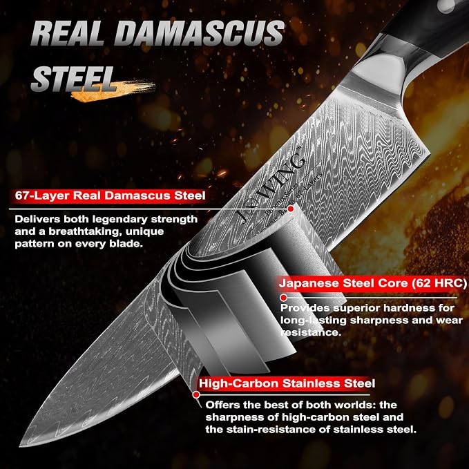 8 Inch Chef Knife, Japanese-Style VG10 Damascus Kitchen Knife, 67-Layer Forged Blade with Black Wood Handle, Razor Sharp Cooking Knife for Meat, Vegetables & Fruit