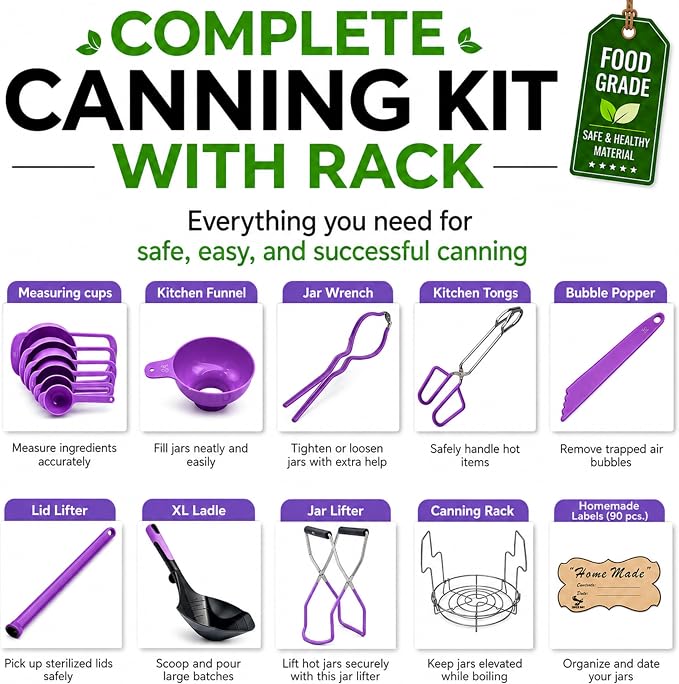 Supa Ant Canning Supplies Starter Kit- Canner Accessories with Canning Rack for Jars, XL Ladle,Wide Mouth Jar Funnel,Jar Lifter and Wrench,Bubble Popper/Measurer,Lid Lifter,Kitchen Tongs (Lavender)