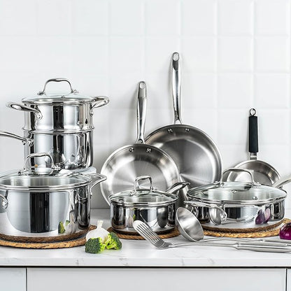 SuperCook Tri Ply Stainless Steel Cookware Set, 16-Piece Pots and Pans Set with Kitchen Utensils and Steamer, Non-Toxic, Multiclad, Induction Oven Compatible, Dishwasher Safe